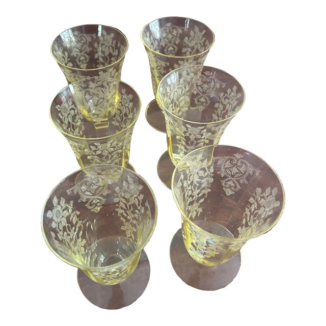 1930s Cambridge Glass Yellow Miniture Footed Tumblers - Set of 6 For Sale