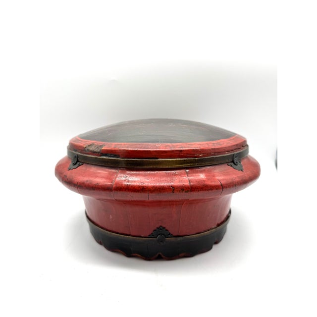Antique Asian Red Lacquered Wood Covered Rice Bowl With Metal Hardware For Sale In Philadelphia - Image 6 of 10