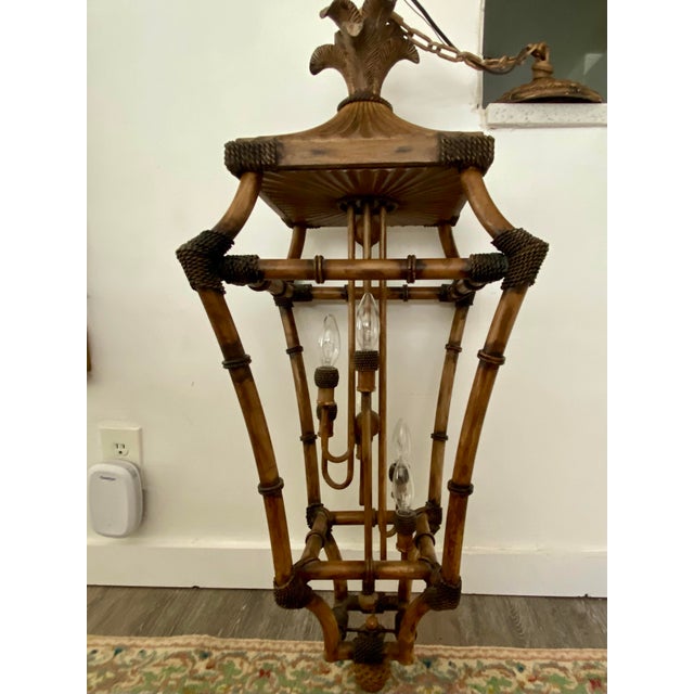 Brown Vintage Mid-Century Faux Bamboo & Rattan Pagoda Hanging Lantern Pendant Chandelier For Sale - Image 8 of 8