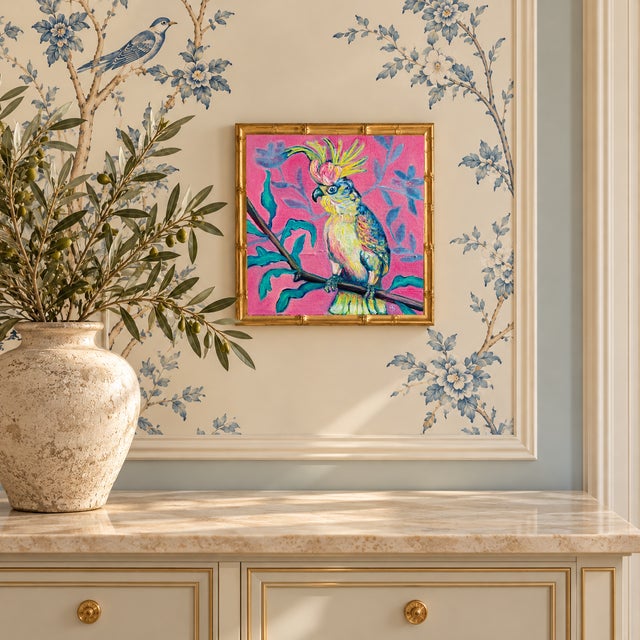 An original oil painting by Tatiana Duperault on canvas board. A cockatoo with a blossom crest perches on a branch among...