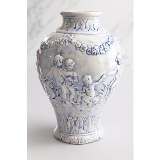 Neoclassical Vintage Neoclassical Style Italian Blue Majolica Cherubs Vase For Sale - Image 3 of 10