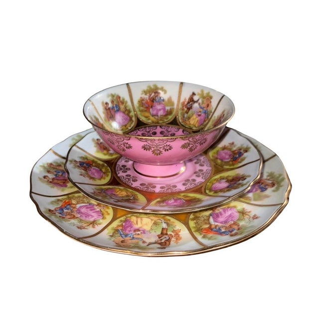 Vintage JKW Decor Carlsbad Bavaria teacup, saucer, and salad plate set featuring a pink interior band and a "Love Story"...