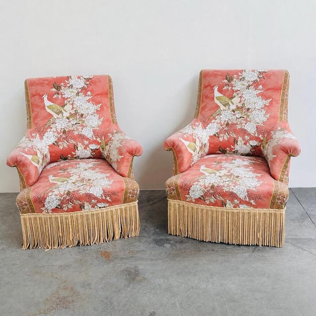 Upholstered Slipper Lounge Chairs Depicting Pheasants and Peon, Set of 2 For Sale - Image 13 of 13