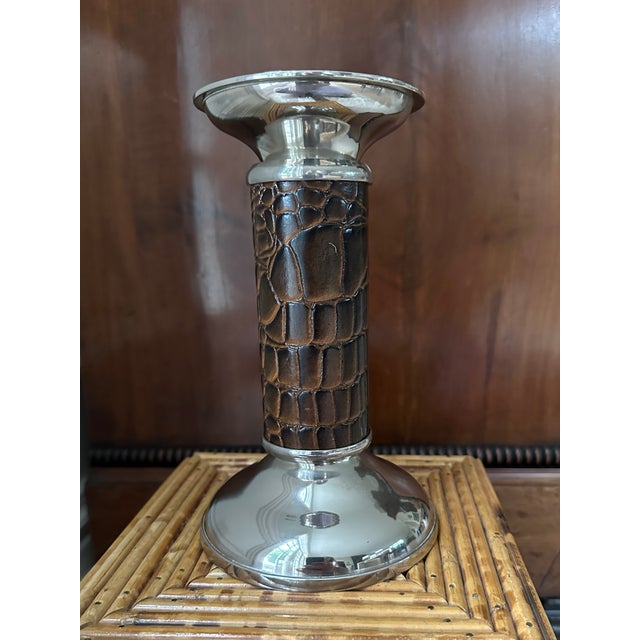 Metal Vintage 8” Leather and Silverplate Ralph Lauren Style Candleholder For Sale - Image 7 of 18