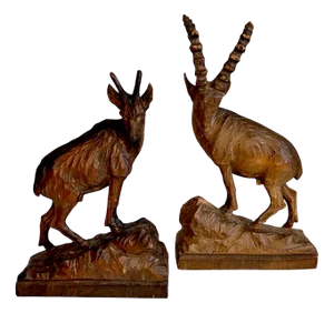 Antique Folk Art Hand-Carved Alpine Wooden Ibex and Chamois Figurines, Oberammergau, Germany, 1920s, Set of 2