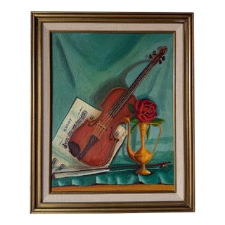 1960's Mid-Century G. Koloff Violin & Rose Still Life Painting – Framed For Sale
