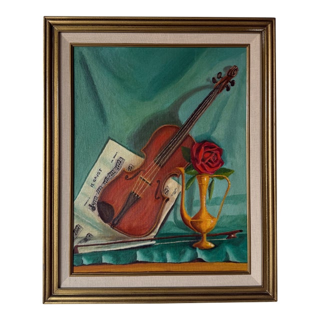 1960's Mid-Century G. Koloff Violin & Rose Still Life Painting – Framed For Sale