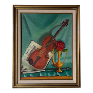 1960's Mid-Century G. Koloff Violin & Rose Still Life Painting – Framed