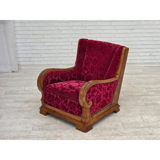 Danish Relax Armchair in Red Furniture Velour and Oak Wood, 1950s For Sale - Image 17 of 18