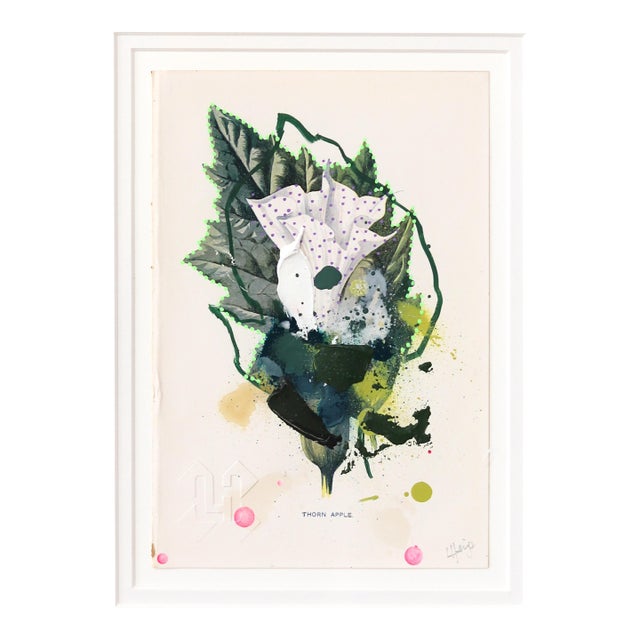 Thorn Apple - Framed Original Botanical Mixed Media Painting on Antique Book Page by Lee Herring For Sale