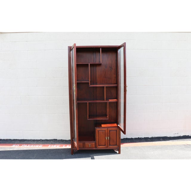 Brown Vintage Asian-Inspired Rosewood Display Cabinet / Curio With Glass Doors and Brass Hardware For Sale - Image 8 of 18