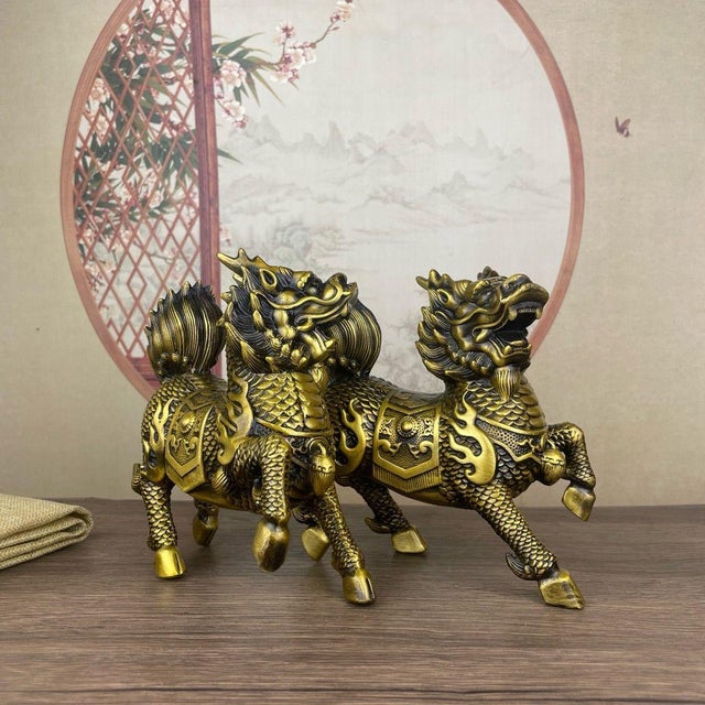 Metal Pair of Gilt Bronze Qilin Statues – 5.1" Mythical Beast Figures With Scale Detail For Sale - Image 7 of 8