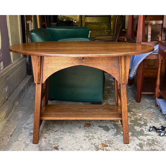 Wood 1910s Limbert Mission Oak Oval Library Table With Cut Outs Arts & Crafts For Sale - Image 7 of 12