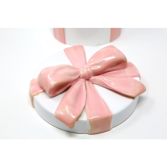 White Ceramic Gift Box Containers With Pink & Blue Bows - Matched Pair For Sale - Image 8 of 14