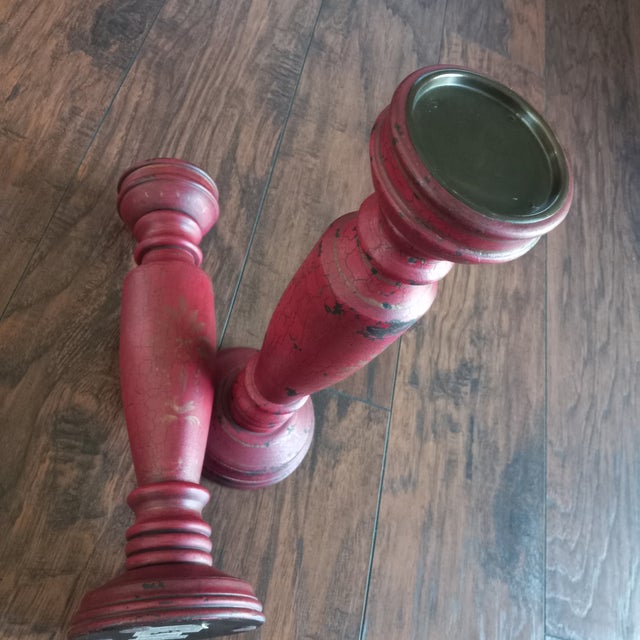 Vintage Rustic Style Red Distressed Wood Pillar Candle Holders Wood - a Pair For Sale - Image 4 of 7