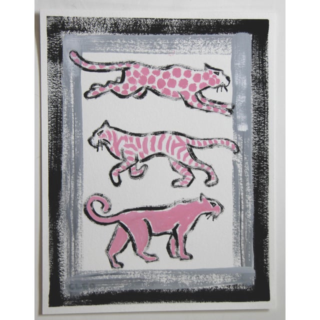 Painting of Tigers and Leopards in motion, in black and white, and a touch of pink and gray. Contemporary animal safari...