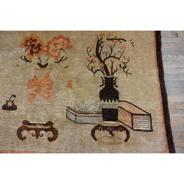 Textile 1920s Beige Vase Floral Antique Chinese Baotou Scholars Carpet Knotted Small Rug For Sale - Image 7 of 7