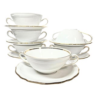 Gold Rimmed China Cream Soup and Saucer Sets - Set of Twelve For Sale