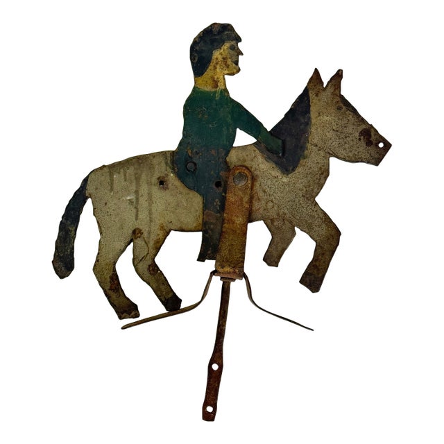 Antique Folk Art Sheet Metal Rider on Horse/Mule Toy/Sculpture, Hand Painted For Sale