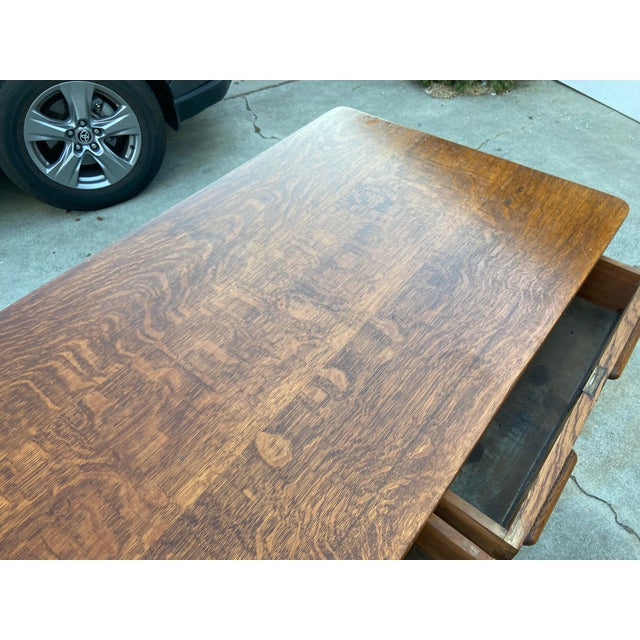 Antique Arts and Crafts Oak Library Desk Writing Table Wirh Shelf Mission Style For Sale - Image 15 of 18