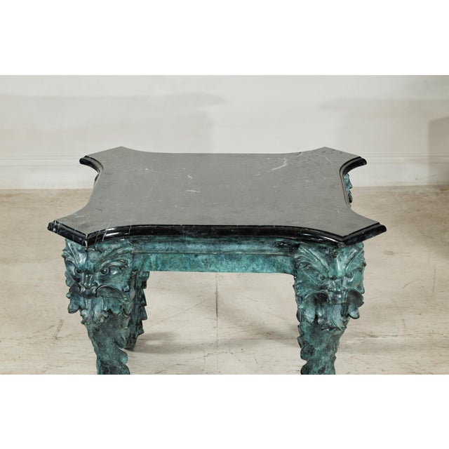 Hollywood Regency Late 20th Century Verdigris Bronze Side Table with Mythological Figures & Black Marble Top For Sale - Image 3 of 18