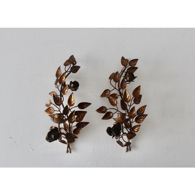 Late 20th Century Hans Kögl Style Gilded Flowers Stems Leaves Wall Mount Candle Holders Sconces - a Pair For Sale In Miami - Image 6 of 18