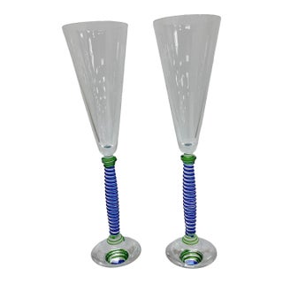 Vintage Murano Salviati Crystal Toasting Flutes With Blue and Green Swirled Stems - a Pair For Sale
