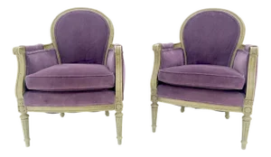Pair of Purple Velvet Upholstery French Bergere Club Chairs Clean