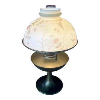 Vintage Brass Electric Lamp With Floral Glass Shade For Sale