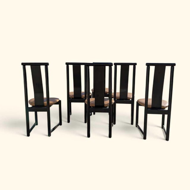 1980s Set of Six BiF Postmodern Black Lacquer Dining Chairs, 1980s For Sale - Image 5 of 17