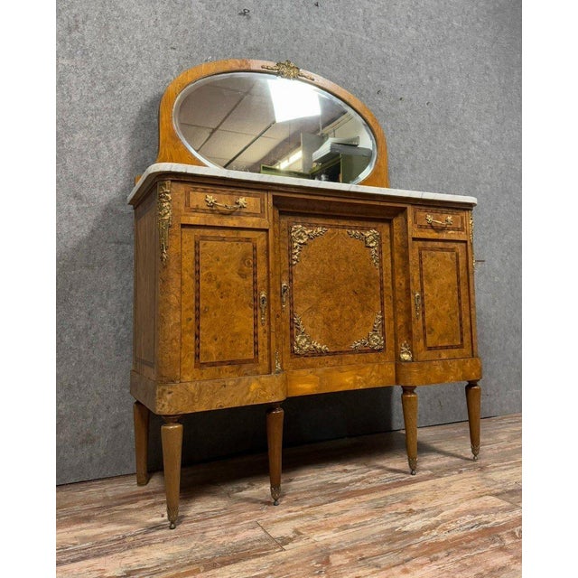 Louis xvi style marquetry buffet, circa 1880 front with three doors and two drawers topped with a white carrara marble...