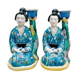 1930s Japanese Porcelain Geisha Figural Candlesticks - a Pair For Sale