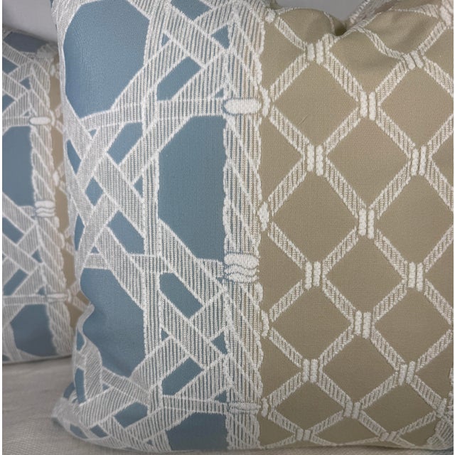 Transitional Thibaut "Trelliage Fabric" in Mineral/Sand 22" Pillows-a Pair For Sale - Image 3 of 3