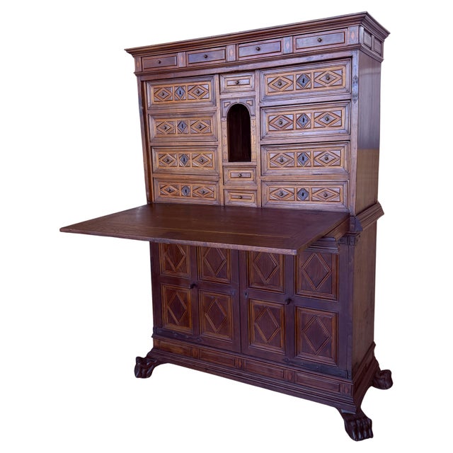 19th Spanish Solid Walnut Cabinet on Stand or Bargueño, Desk For Sale - Image 15 of 18