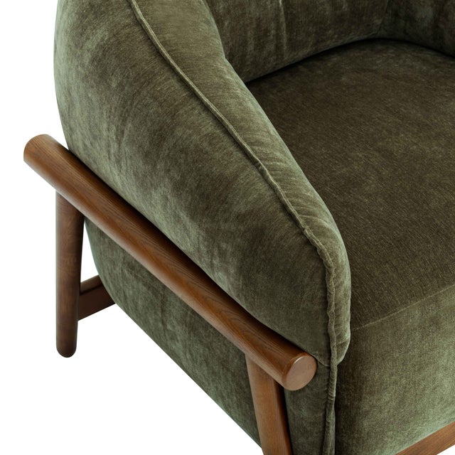 Wood Piedmont Upcycled Chenille Olive Green Accent Chair For Sale - Image 7 of 8