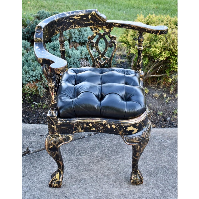 Wood Vtg. Corner Chair Black Lacquer Gilt Chippendale Roundabout For Sale - Image 7 of 16