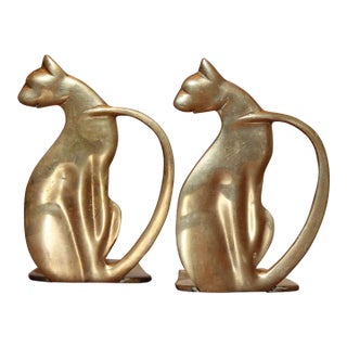 Pair of Vintage Art Deco Brass Cat Bookends For Sale