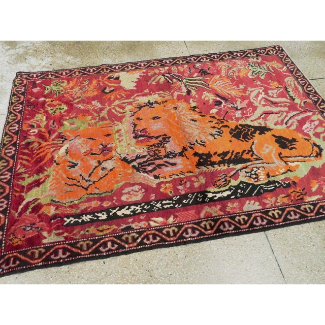 Burgundy Galerie Shabab Collection Mid-20th Century Handmade Caucasian Karabagh Pictorial Lion Accent Rug For Sale - Image 8 of 9