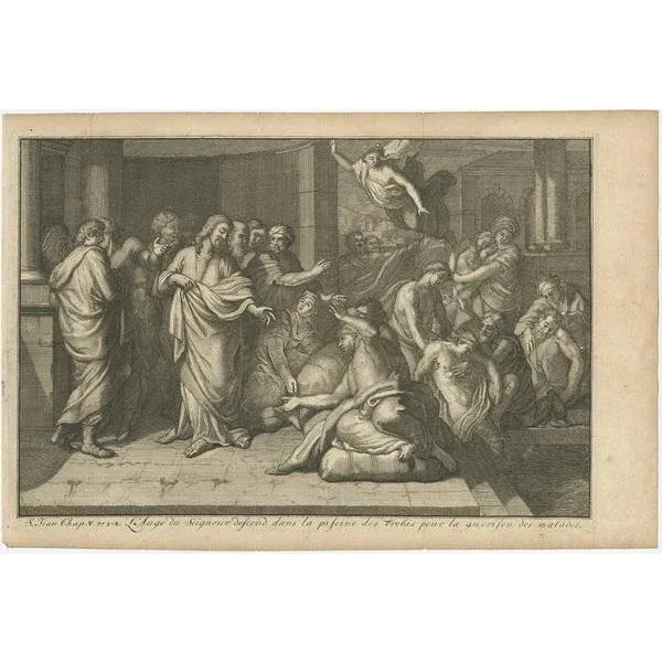 Antique religious print titled 'L'Ange du Seigneur descend dans la piscine des brebis pour la guerison des malades'. The...