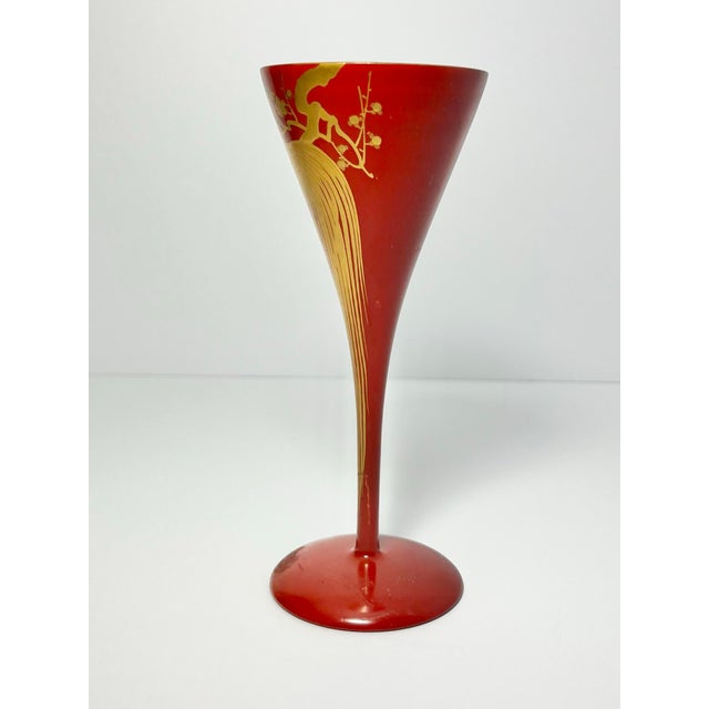 1960s Red Gold Urushi Lacquer Onagadori Rooster Sake Cocktail Glasses - Set of 9 For Sale In Dallas - Image 6 of 12