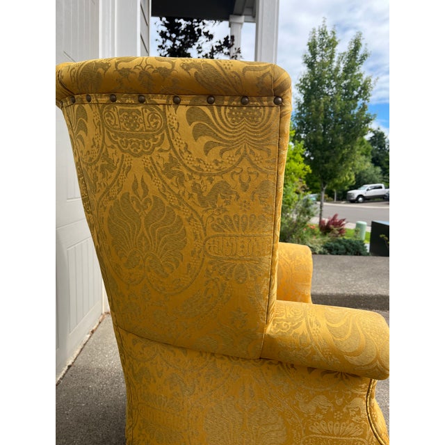 Late 20th Century Yellow Damask Mahogany Wingback Chair For Sale In Portland, OR - Image 6 of 12