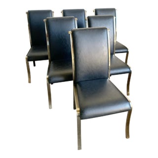 Regency Black Vinyl and Brass Brushed Finished Dining Chairs by Dia For Sale