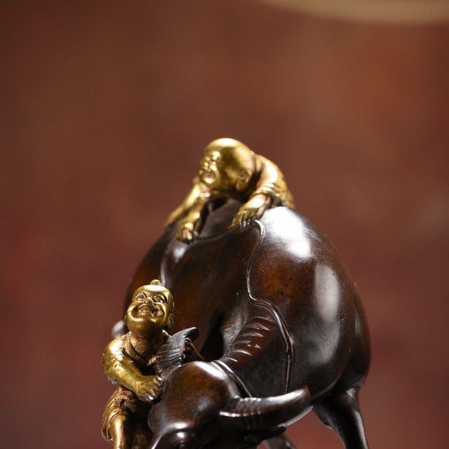 Vintage Gilt Bronze Figure Group – Two Boys Playing With a Water Buffalo For Sale - Image 4 of 9