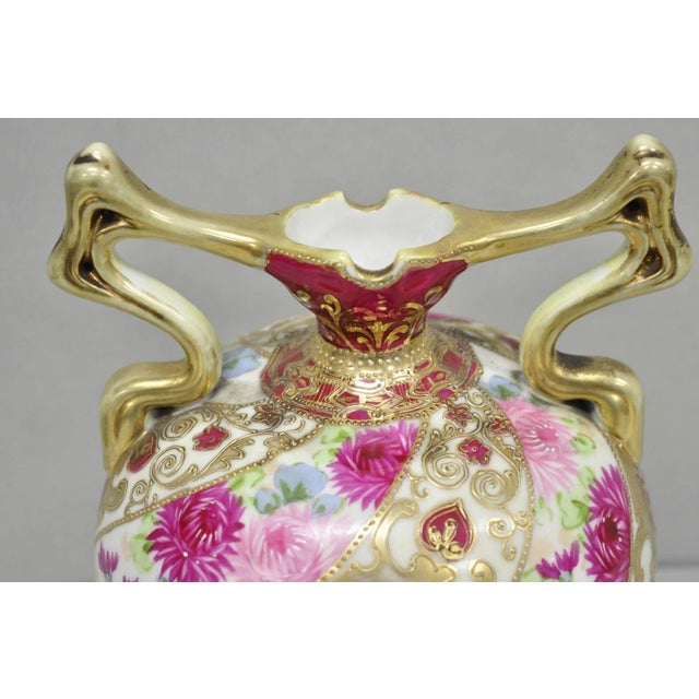 Victorian Antique Nippon Moriage Porcelain Twin Handle Ball Vase W/ Hand Painted Roses For Sale - Image 3 of 14