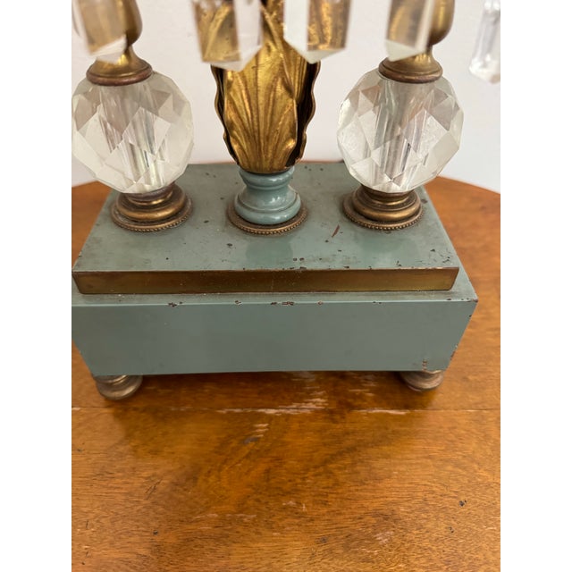 Vintage Tall French Style Sage Accent Crystal Lamp With Burlap Shade For Sale In Los Angeles - Image 6 of 9