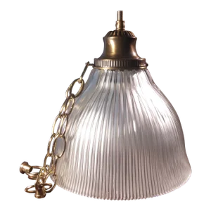 1970s Large Holophane and Brass Pendant Light