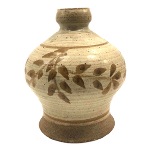 MCM Round Hand-Painted Beige & Brown Pottery Vase