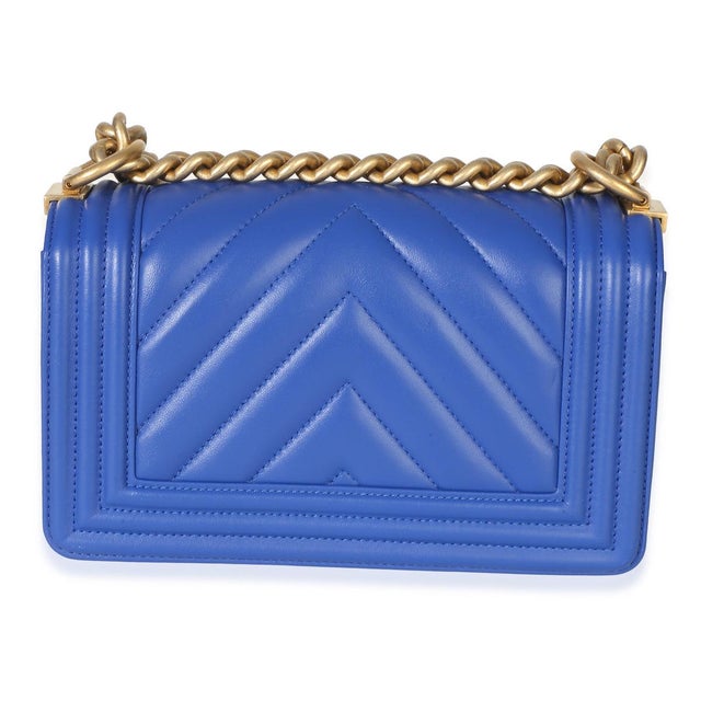 Chanel Blue Lambskin Chevron Quilted Small Boy Bag For Sale - Image 4 of 9