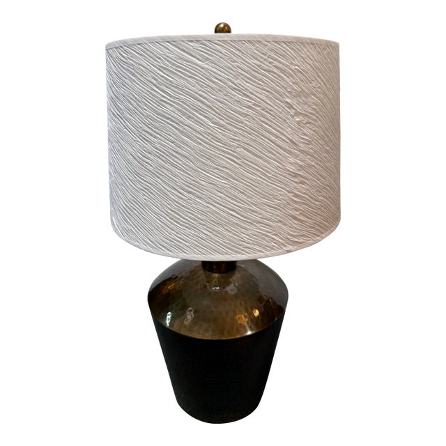 Vintage Hammered Tribal Brass Table Lamp + Textured Shade For Sale