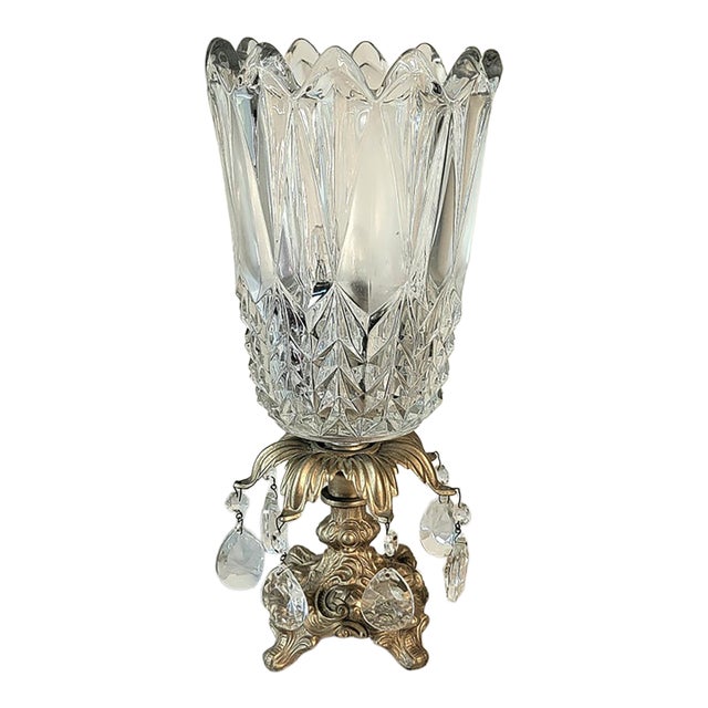 Mid 20th Century Hollywood Regency Lead Crystal Electric Tulip Table Lamp With Teardrop Prisms & Marble Base For Sale
